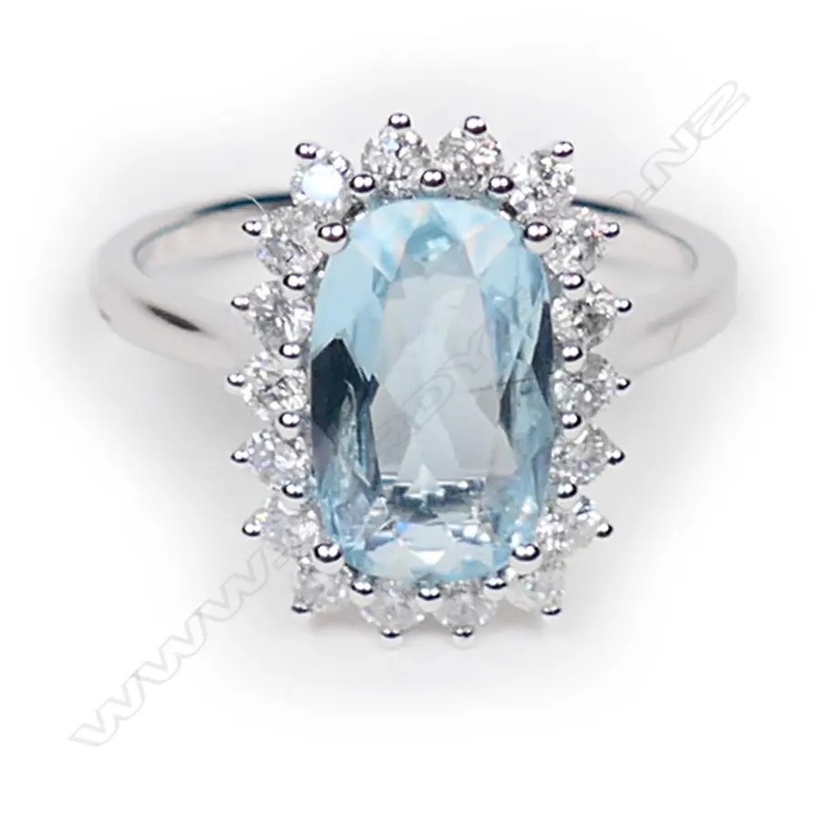 A 14ct white gold, aquamarine and diamond halo cocktail ring, Image 1++