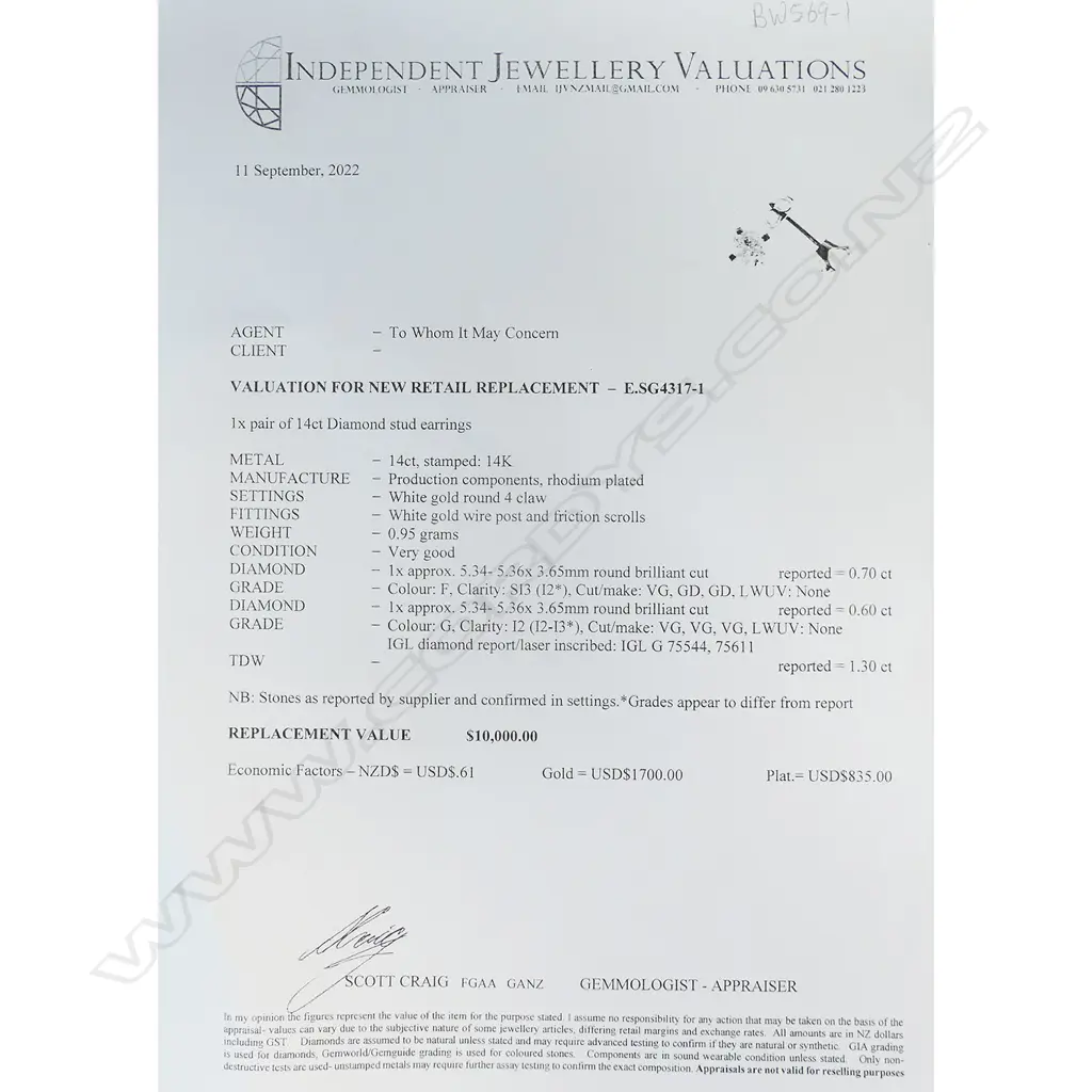 A pair of 14ct white gold and diamond stud earrings, Image 1++