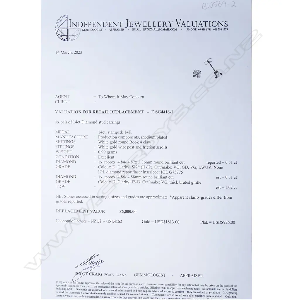 A pair of 14ct white gold and diamond stud earrings, Image 1++