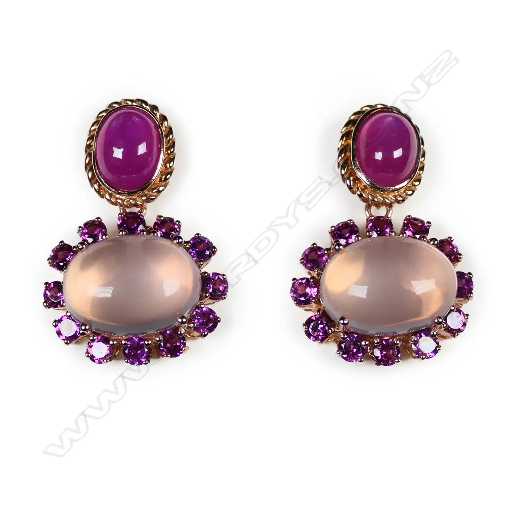 A pair of silver gilt, ruby and rose quartz earrings, Image 1++