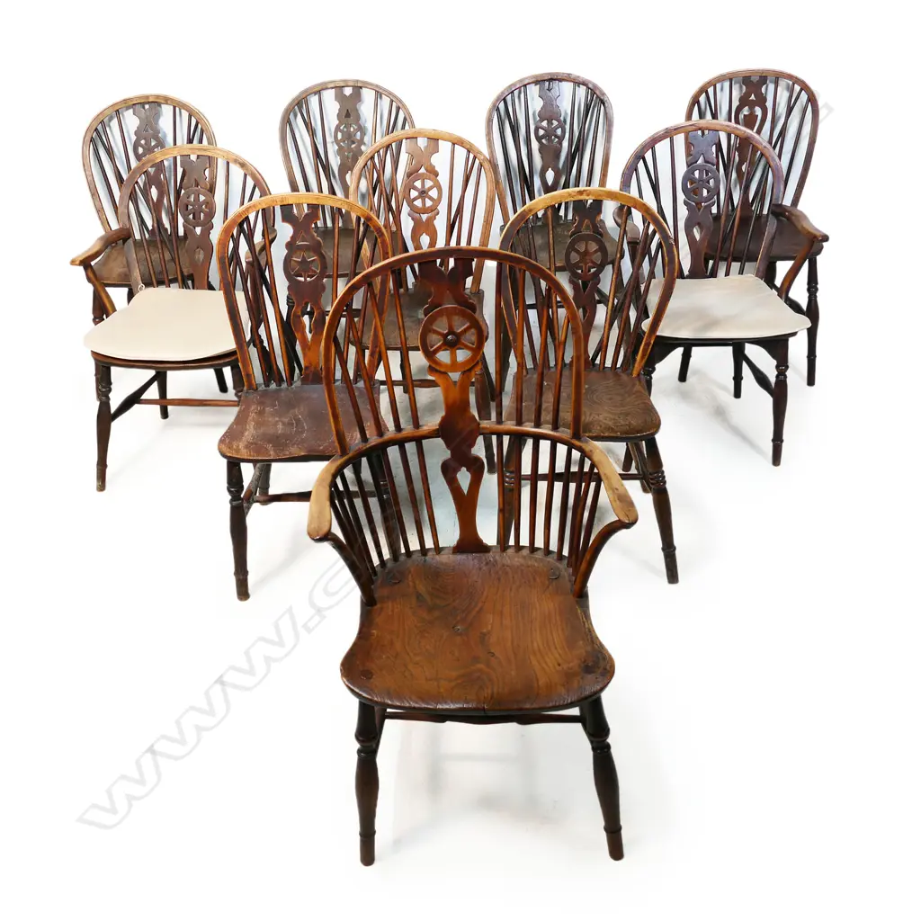 Ten 19thC ash and elm wheel back Windsor chairs, Image 1++