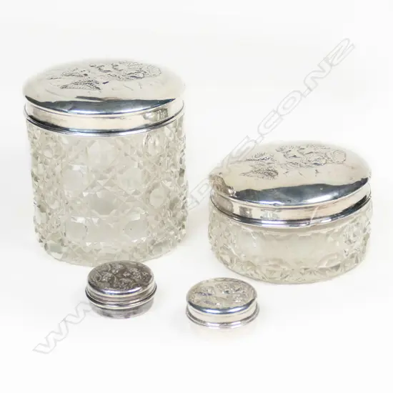 Two Edwardian silver and cut crystal vanity pots,