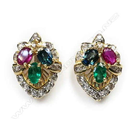 A pair of 18ct gold, ruby, sapphire, emerald and diamond earrings,