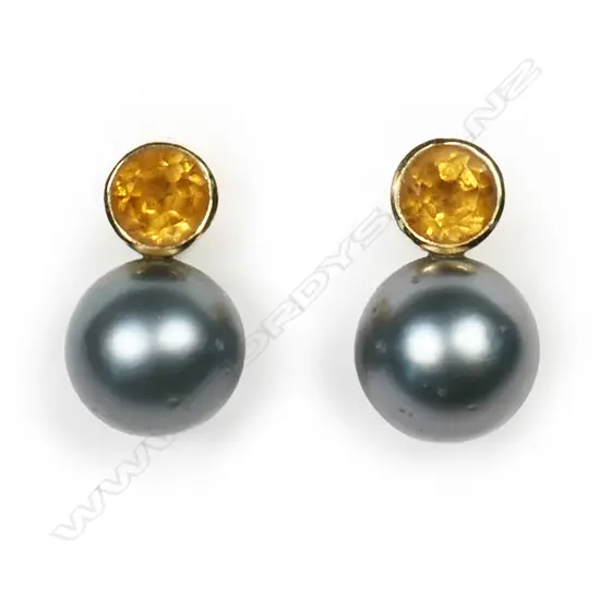 A pair of 18ct yellow gold citrine and large grey pearl earrings,