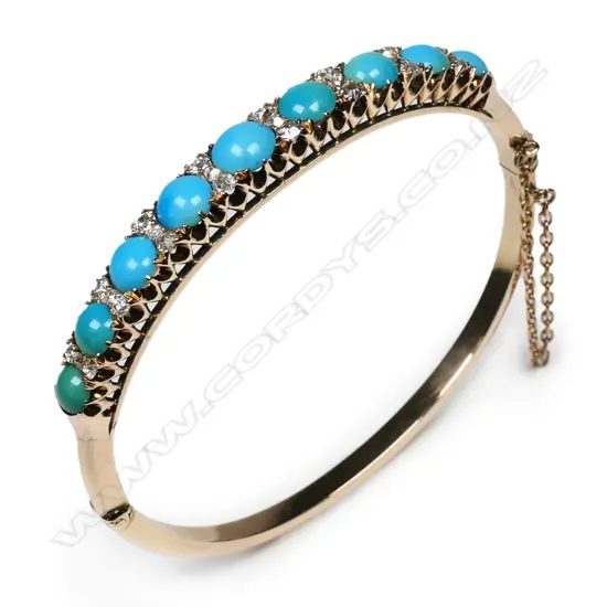 An 18ct gold Victorian style turquoise and diamond hinged bangle,