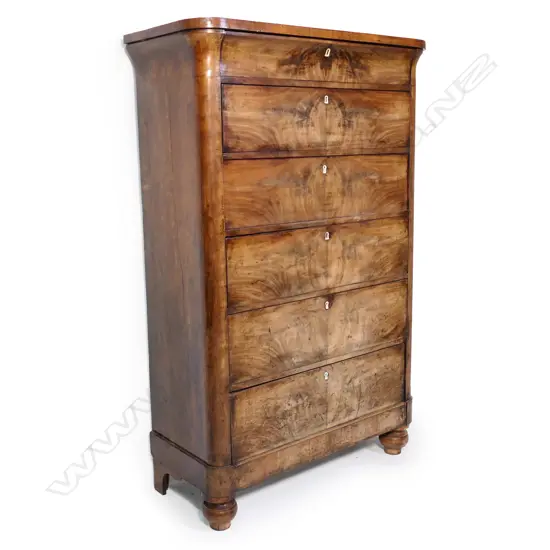 A 19thC French figured walnut tall six drawer chest,