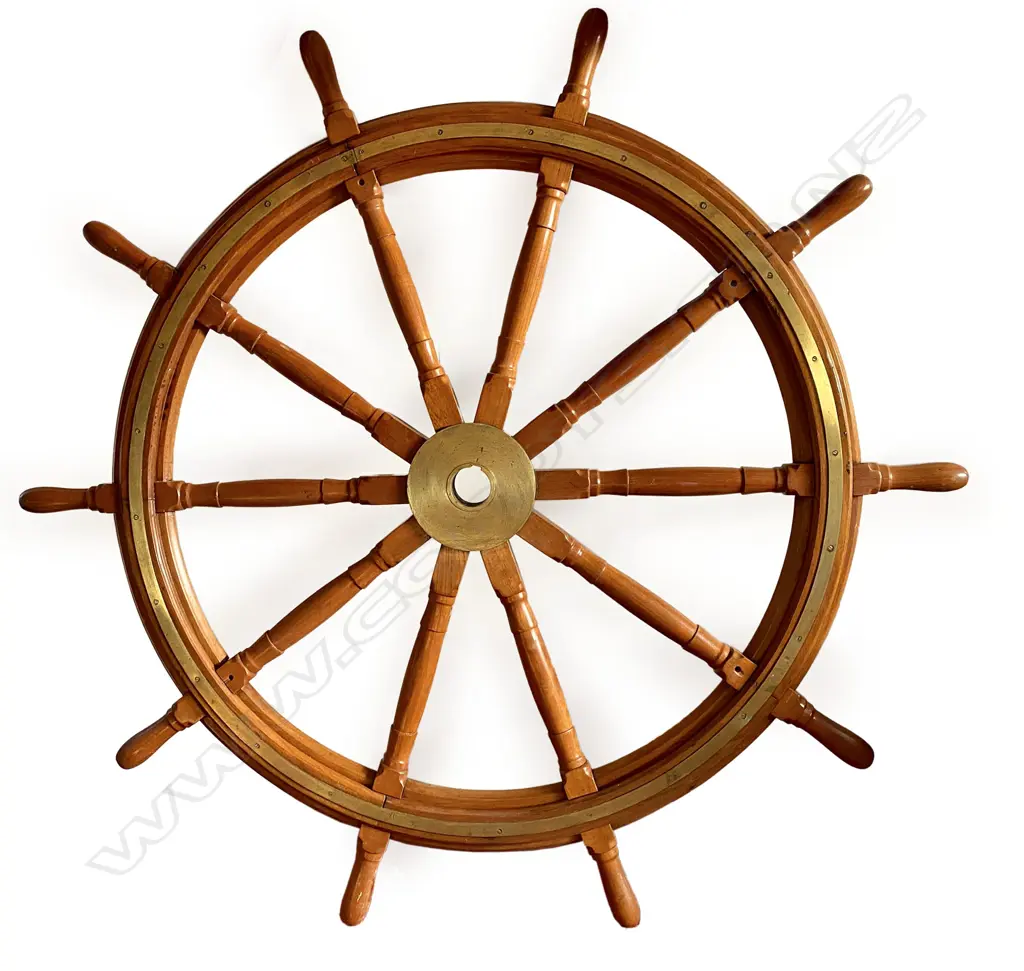 An historic 20thC teak ship's helm (steering wheel) from the old Union Steam Ship Company of NZ's tug - 'Tapuhi', Image 1++