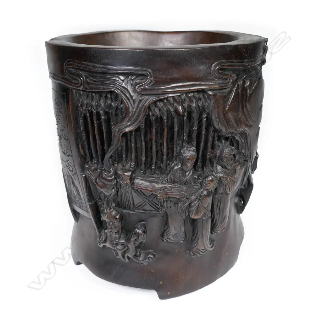 Carved Chinese dark hardwood brush pot, Image 1++