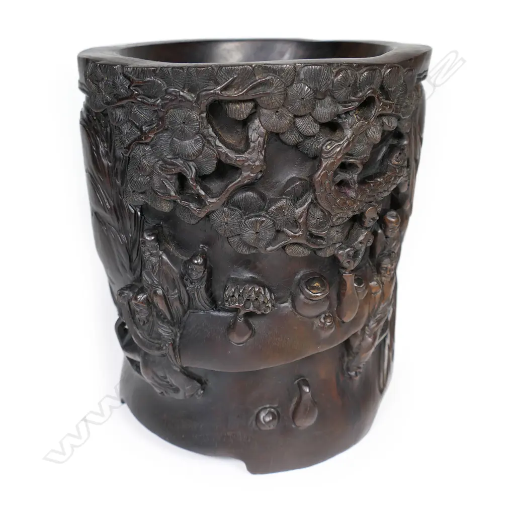 Carved Chinese dark hardwood brush pot, Image 1++