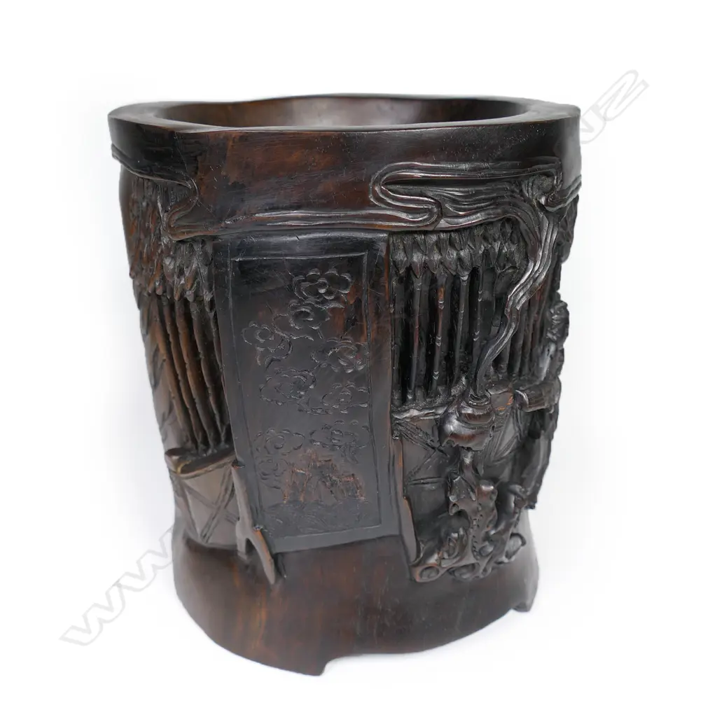 Carved Chinese dark hardwood brush pot, Image 1++