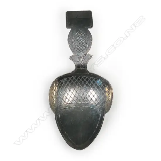 George III silver acorn caddy spoon,
