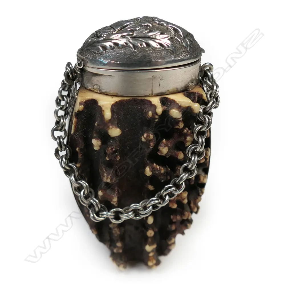An uncommon 19thC Scottish silver and antler vinaigrette, Image 1++