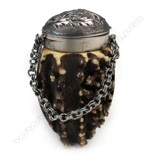 An uncommon 19thC Scottish silver and antler vinaigrette,