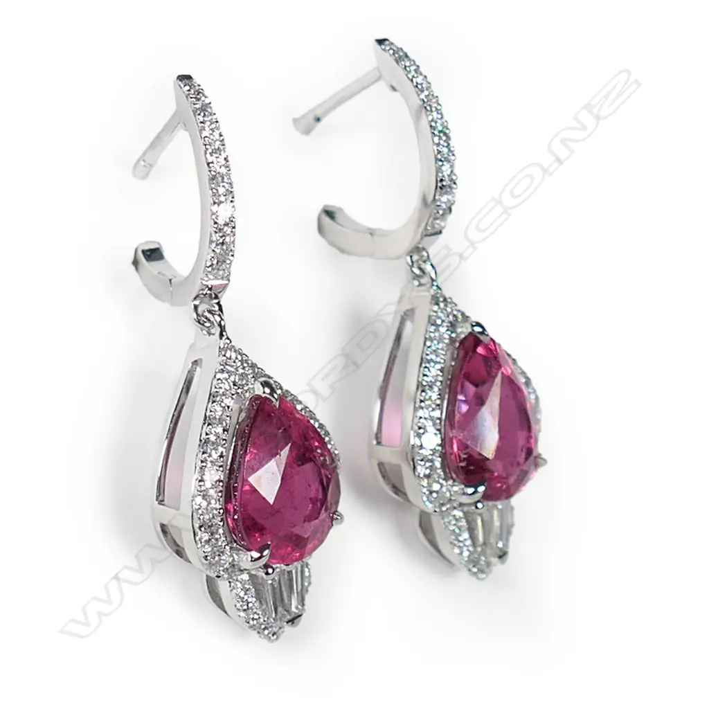 A pair of 18ct white gold diamond and rubellite earrings, Image 1++