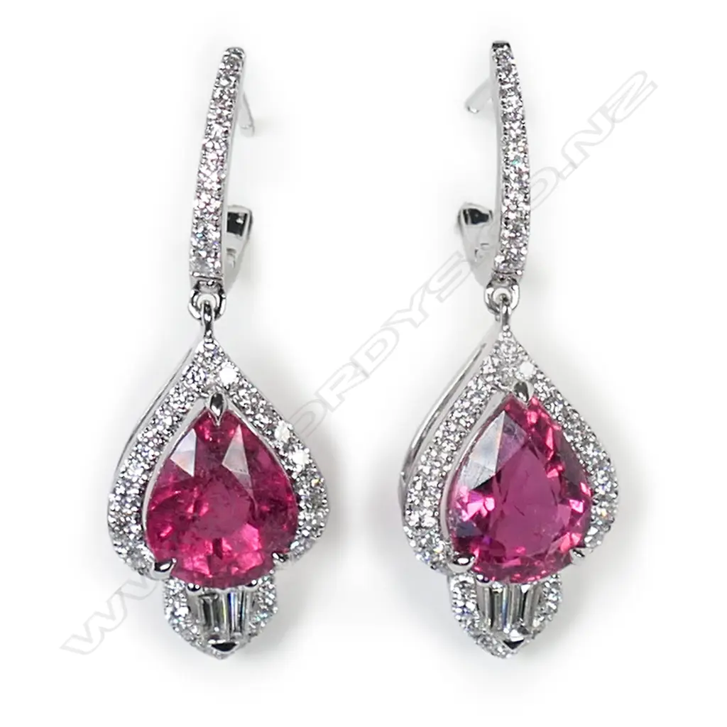 A pair of 18ct white gold diamond and rubellite earrings, Image 1++