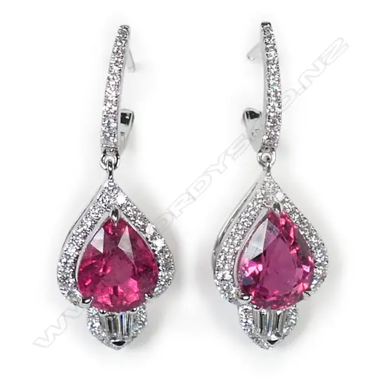 A pair of 18ct white gold diamond and rubellite earrings,