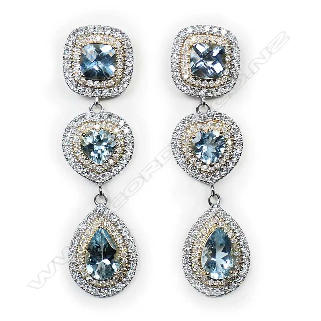 A pair of 14ct white and yellow gold aquamarine and diamond halo triple drop earrings, Image 1++