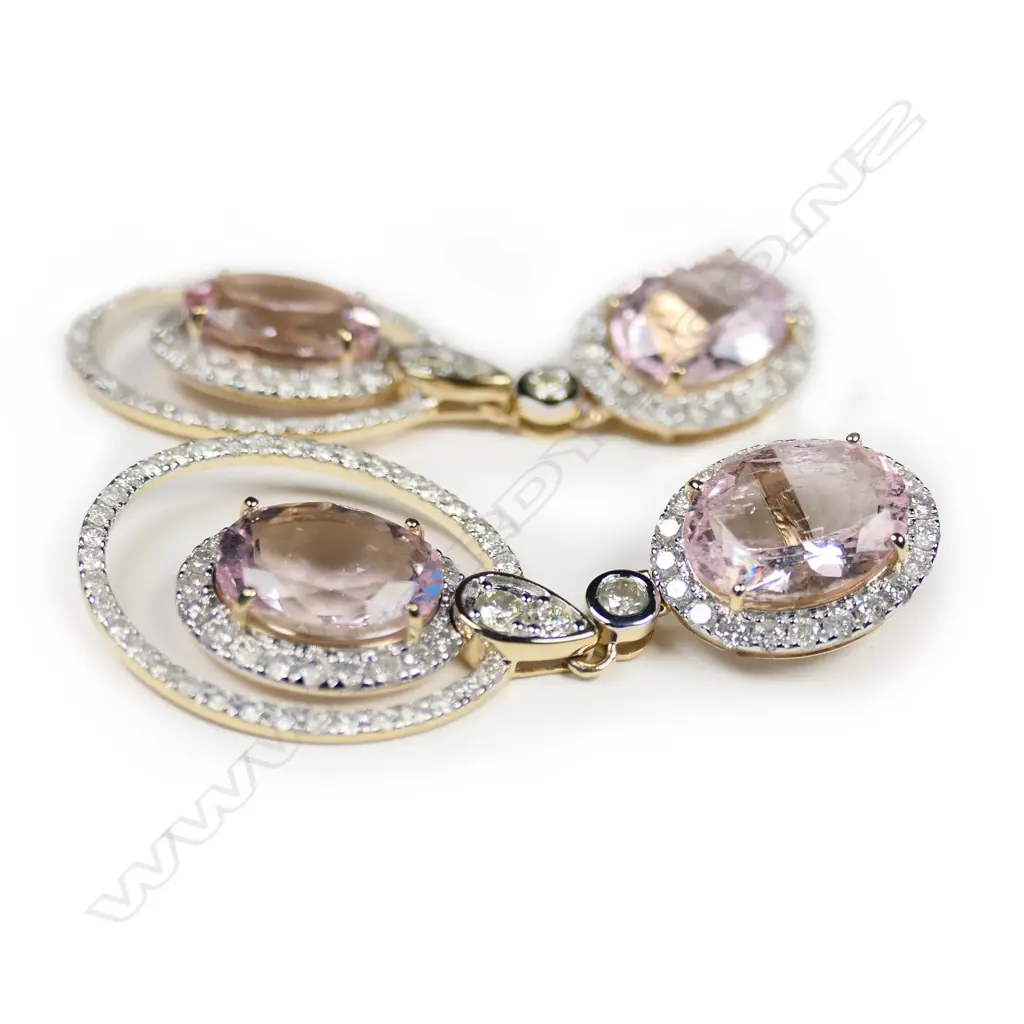 A pair of 14ct yellow and white gold morganite and diamond double halo drop earrings, Image 1++