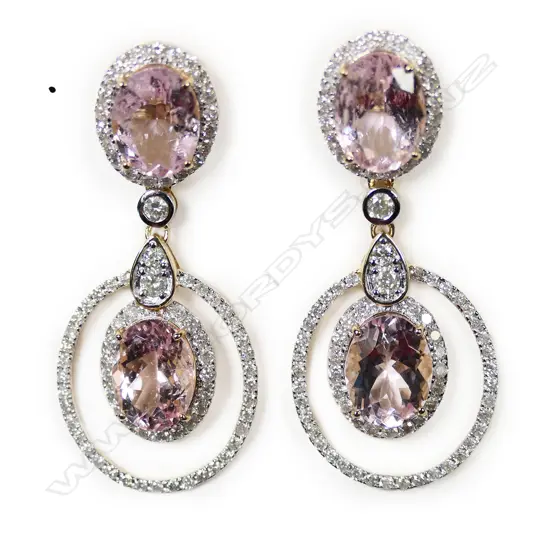 A pair of 14ct yellow and white gold morganite and diamond double halo drop earrings,