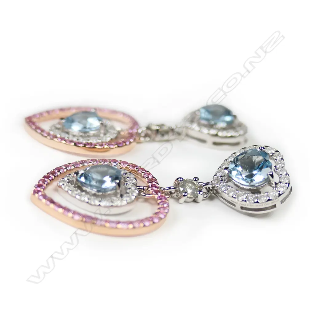 A pair of 14ct white and rose gold, aquamarine, pink sapphire and diamond drop earrings, Image 1++