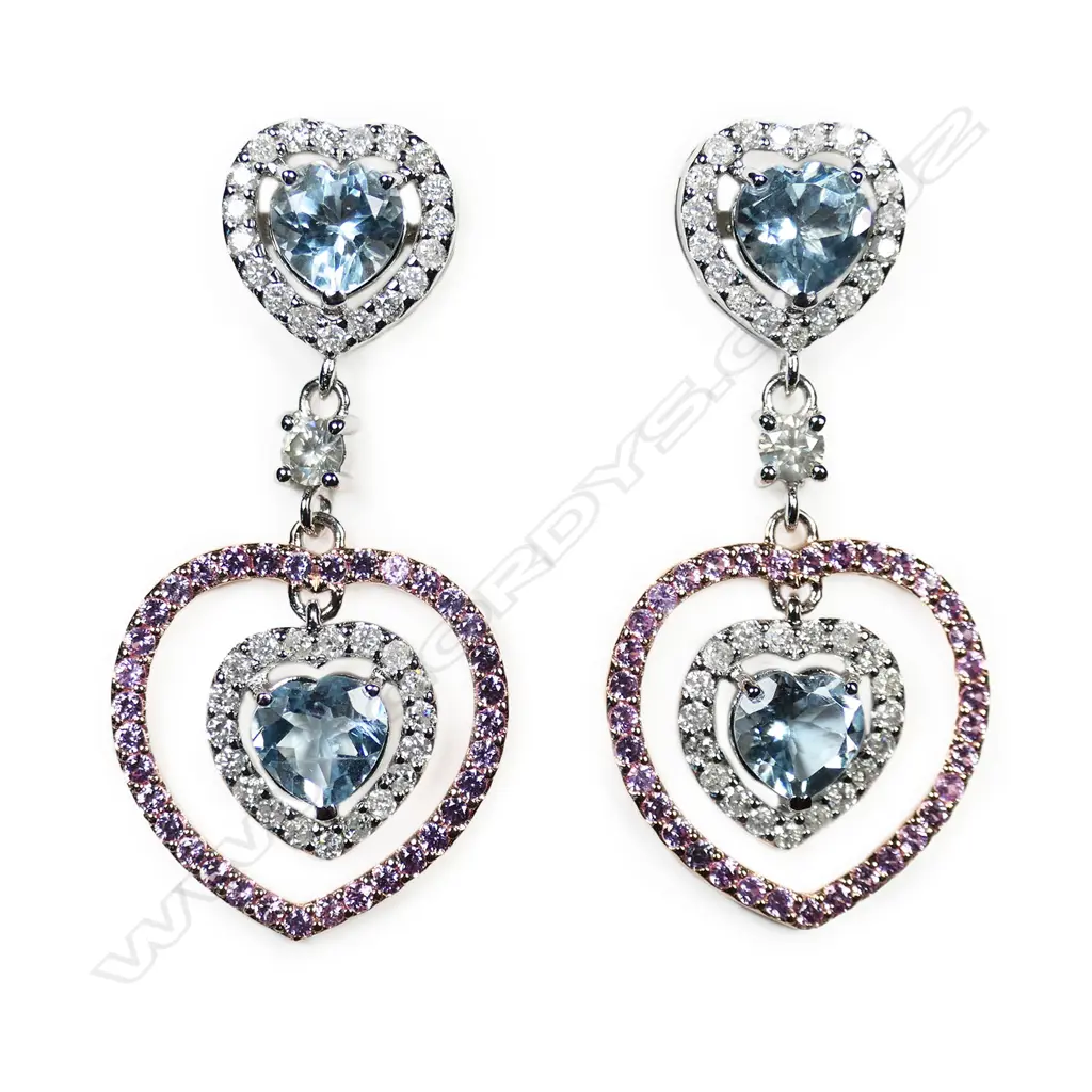 A pair of 14ct white and rose gold, aquamarine, pink sapphire and diamond drop earrings, Image 1++