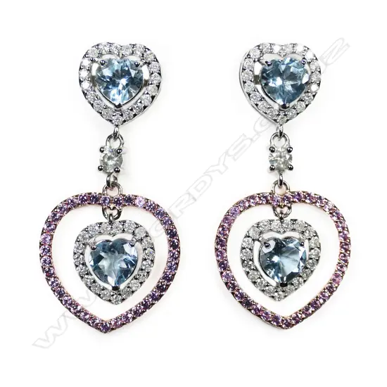 A pair of 14ct white and rose gold, aquamarine, pink sapphire and diamond drop earrings,