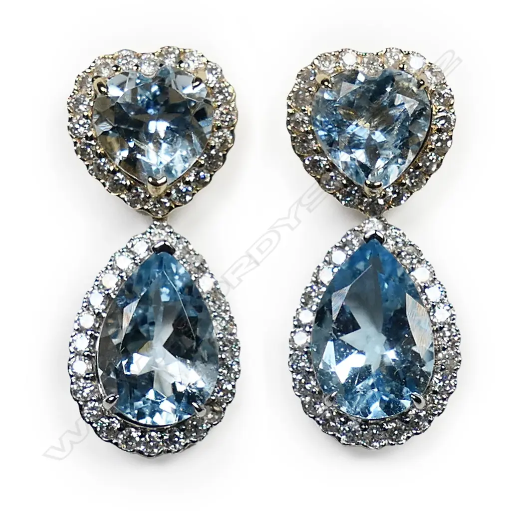 A pair of 14ct yellow and white gold aquamarine and diamond drop earrings, Image 1++