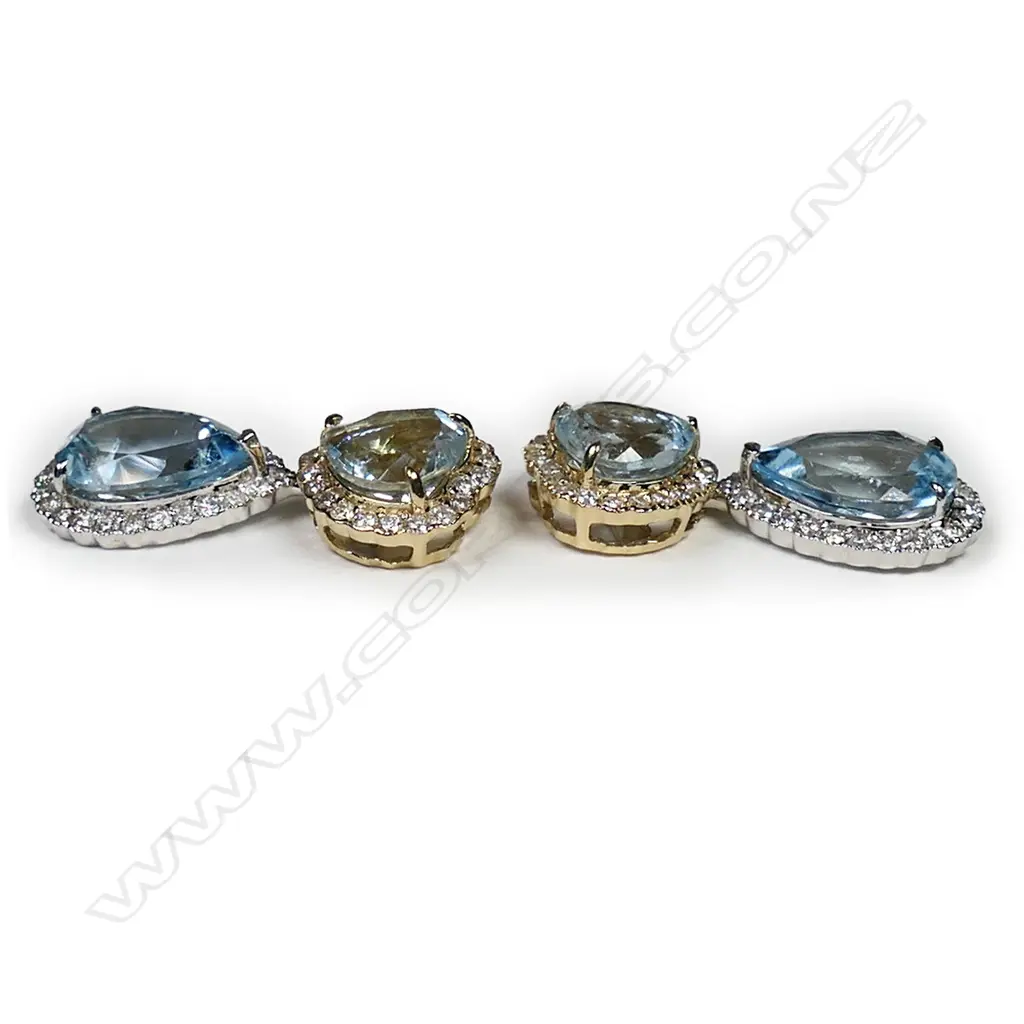 A pair of 14ct yellow and white gold aquamarine and diamond drop earrings, Image 1++
