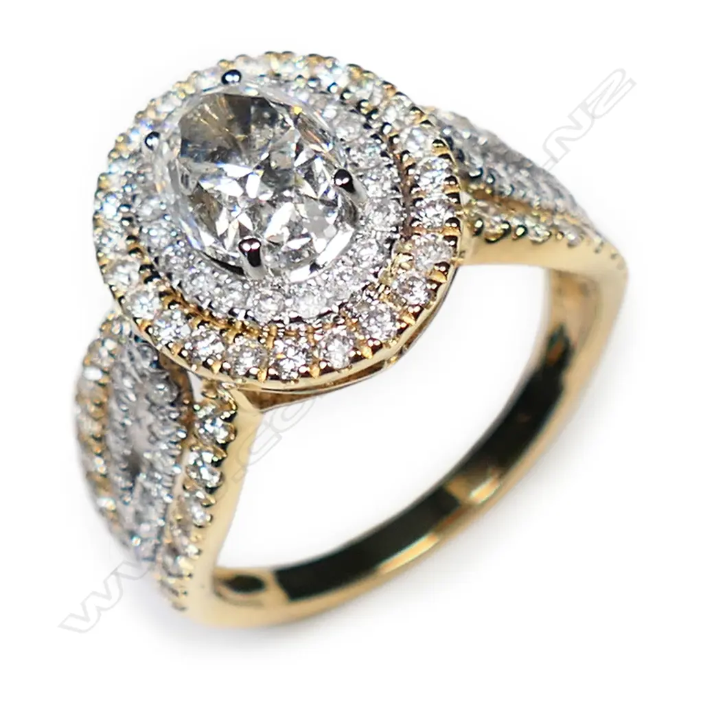 A 14ct yellow and white gold diamond double halo ring, Image 1++
