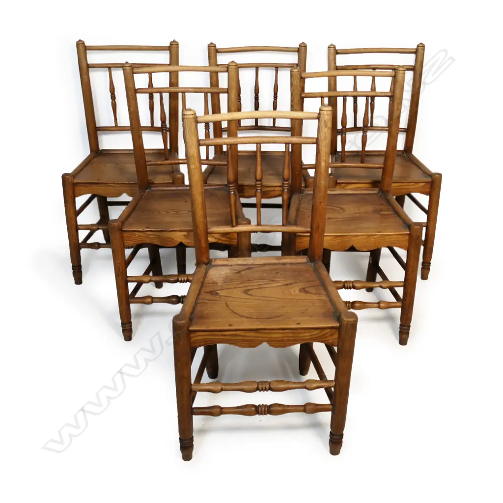 Six 19thC elm country dining chairs, Image 1++