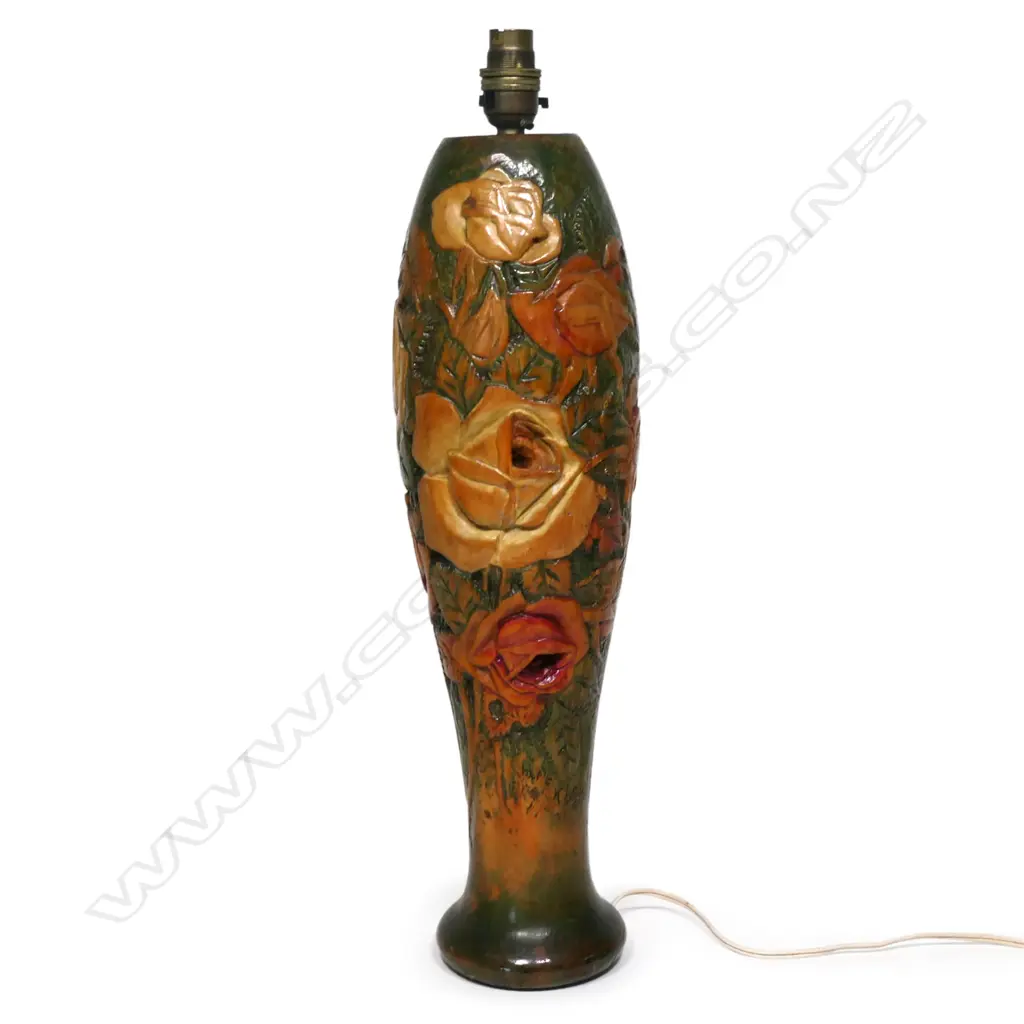 Jane Brenkley (NZ 1882-1973) roses carved and painted table lamp, Image 1++