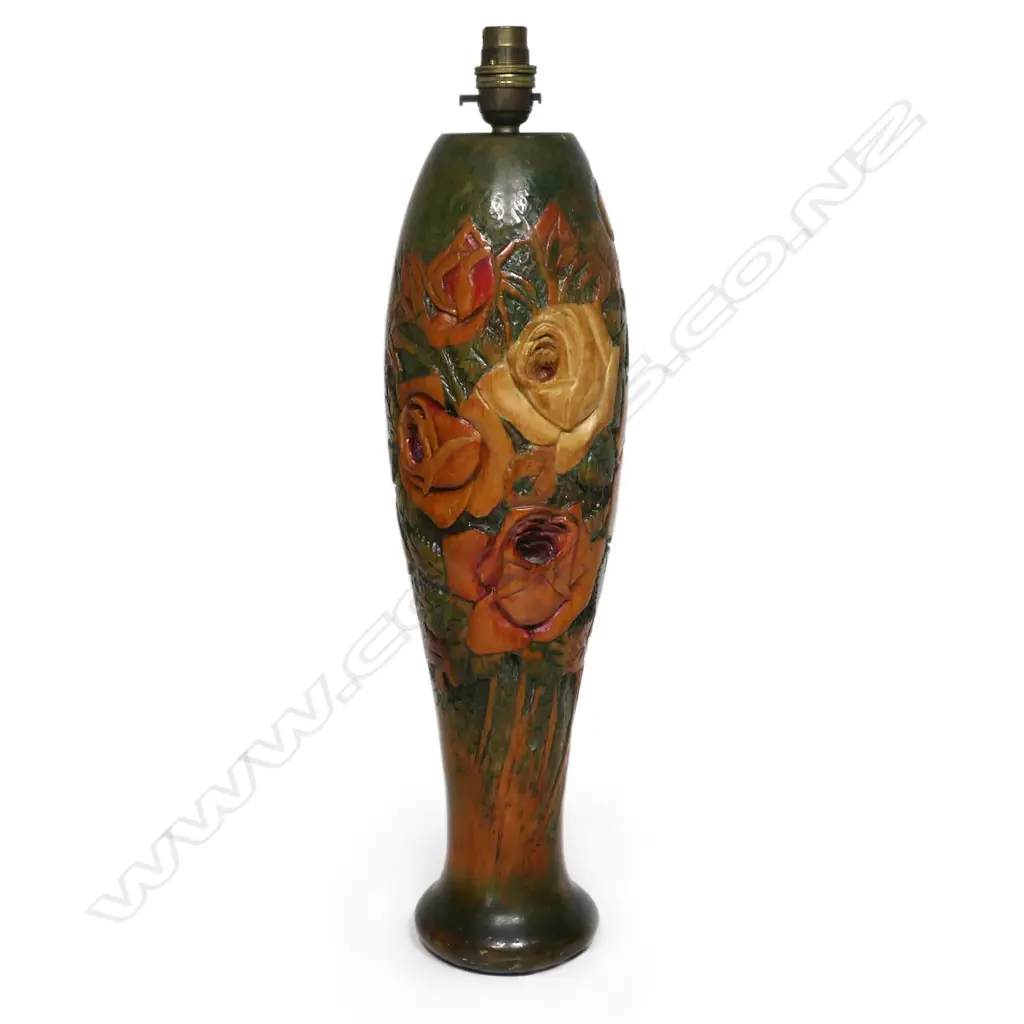 Jane Brenkley (NZ 1882-1973) roses carved and painted table lamp, Image 1++