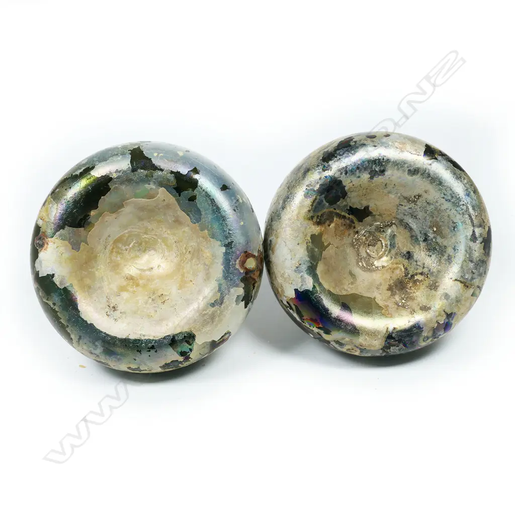 A pair of Dutch or English 17thC onion wine bottles, with rich iridescent patina, Image 1++