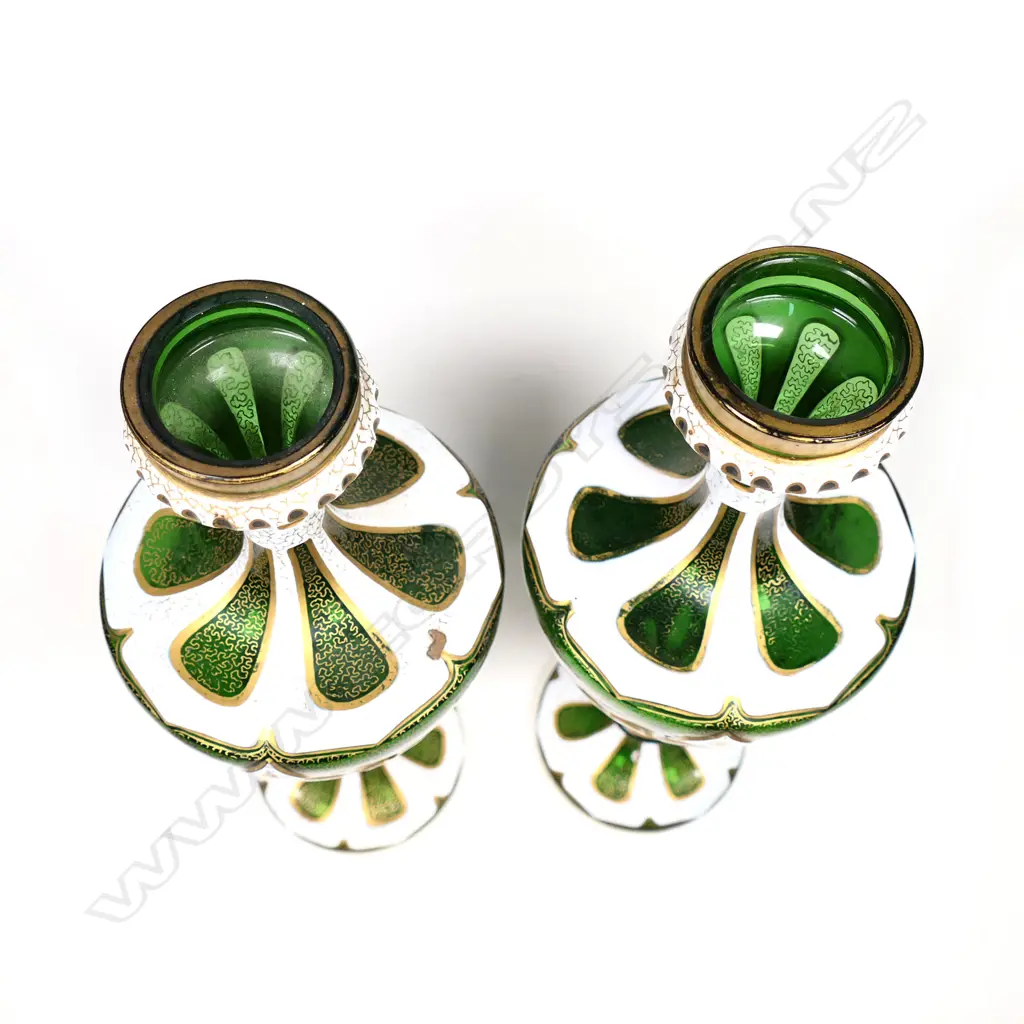 A pair of 19thC Bohemian flashed green glass vases, Image 1++