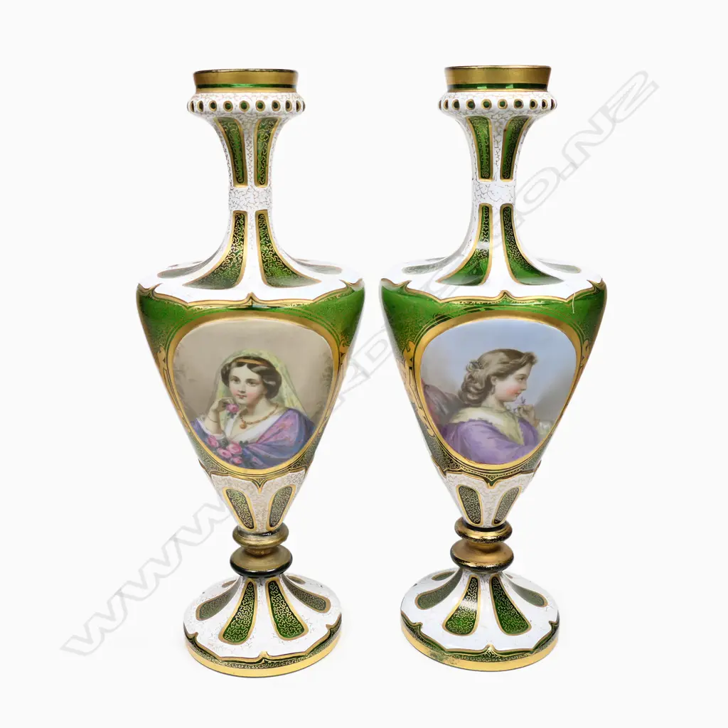 A pair of 19thC Bohemian flashed green glass vases, Image 1++