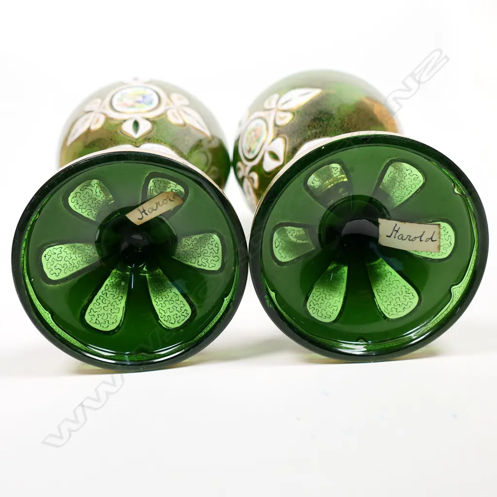 A pair of 19thC Bohemian flashed green glass vases, Image 1++