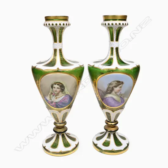 A pair of 19thC Bohemian flashed green glass vases,