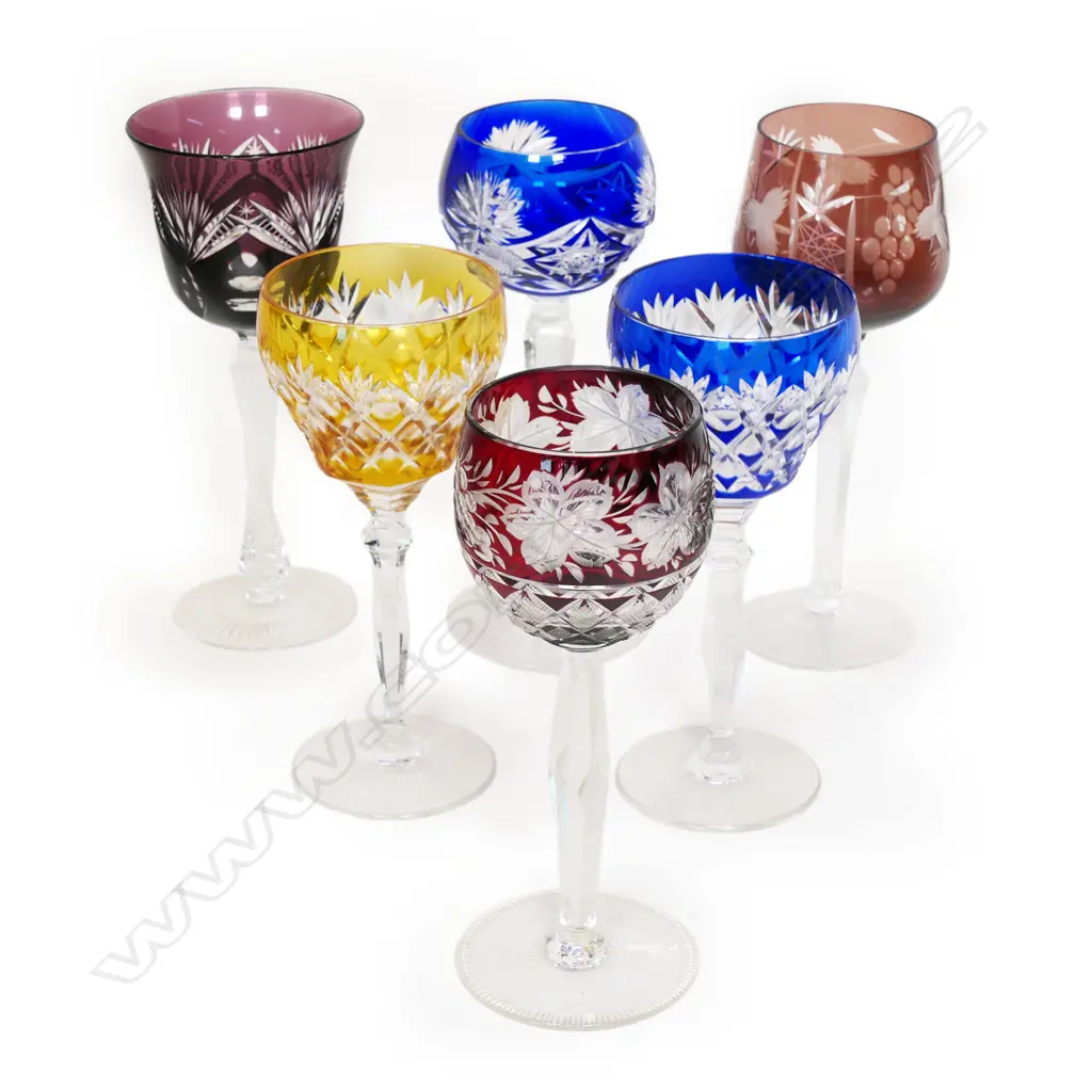 A harlequin set of six Bohemian wine glasses, Image 1++