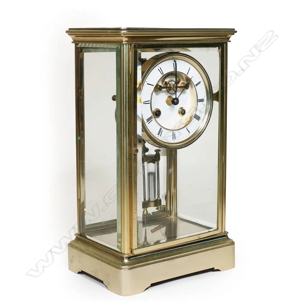 A late 19thC French gilt brass four-glass mantel clock, Image 1++
