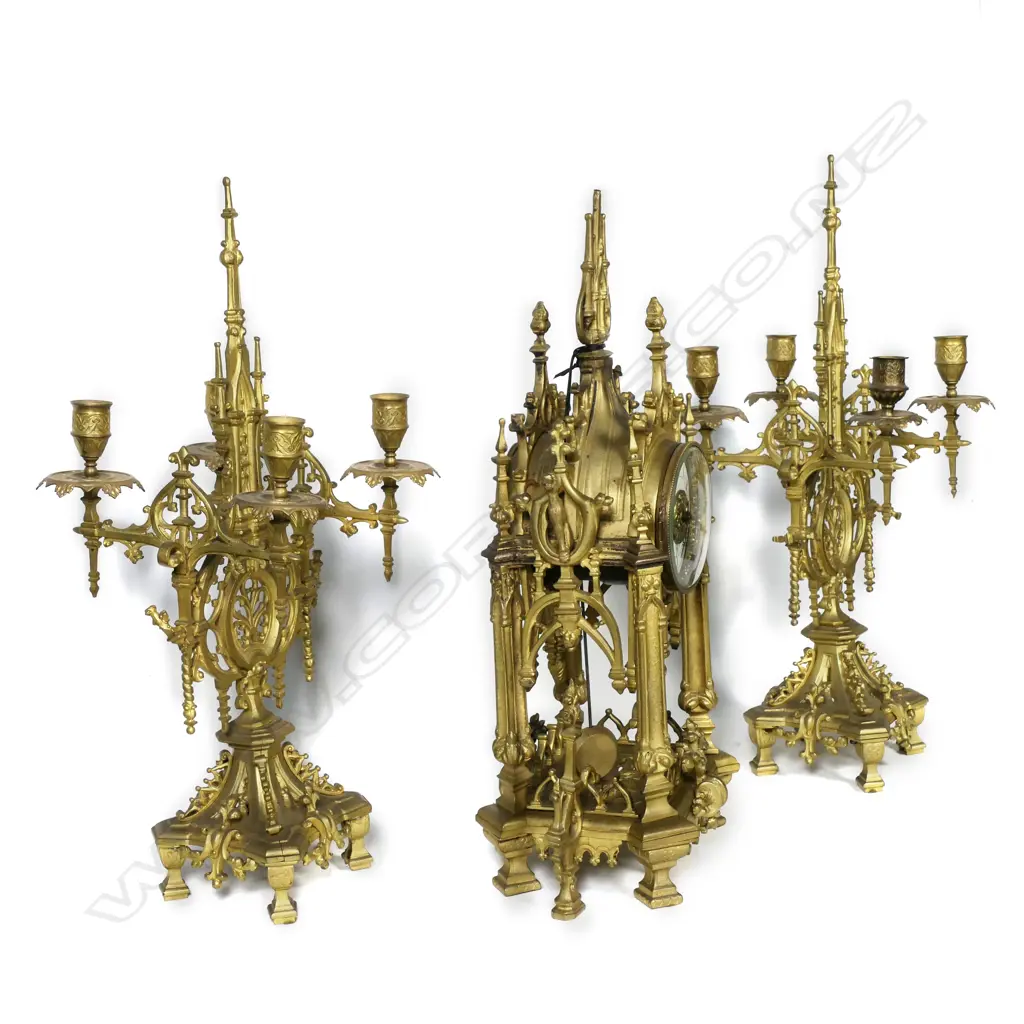 A 19thC French three-piece gilt metal clock garniture set, Image 1++
