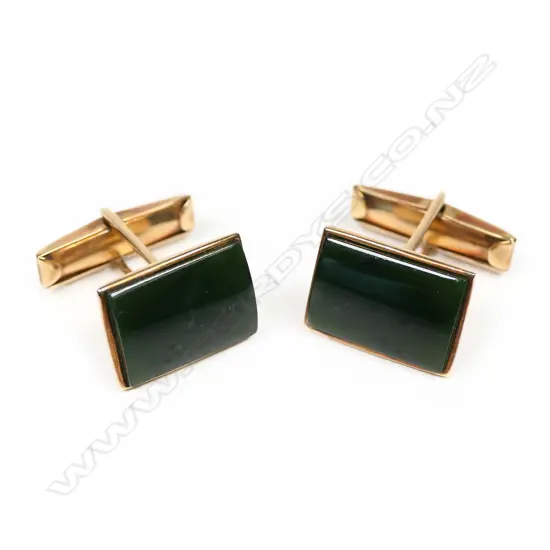 A pair of vintage 9ct rose gold and greenstone cufflinks,