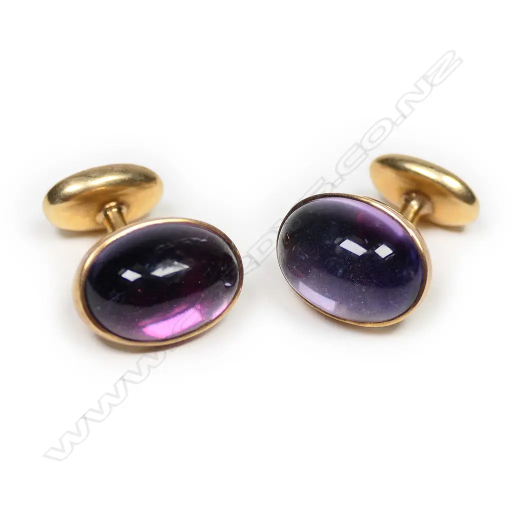 Vintage 14ct yellow gold cabochon amethyst cuff links, Image 1++