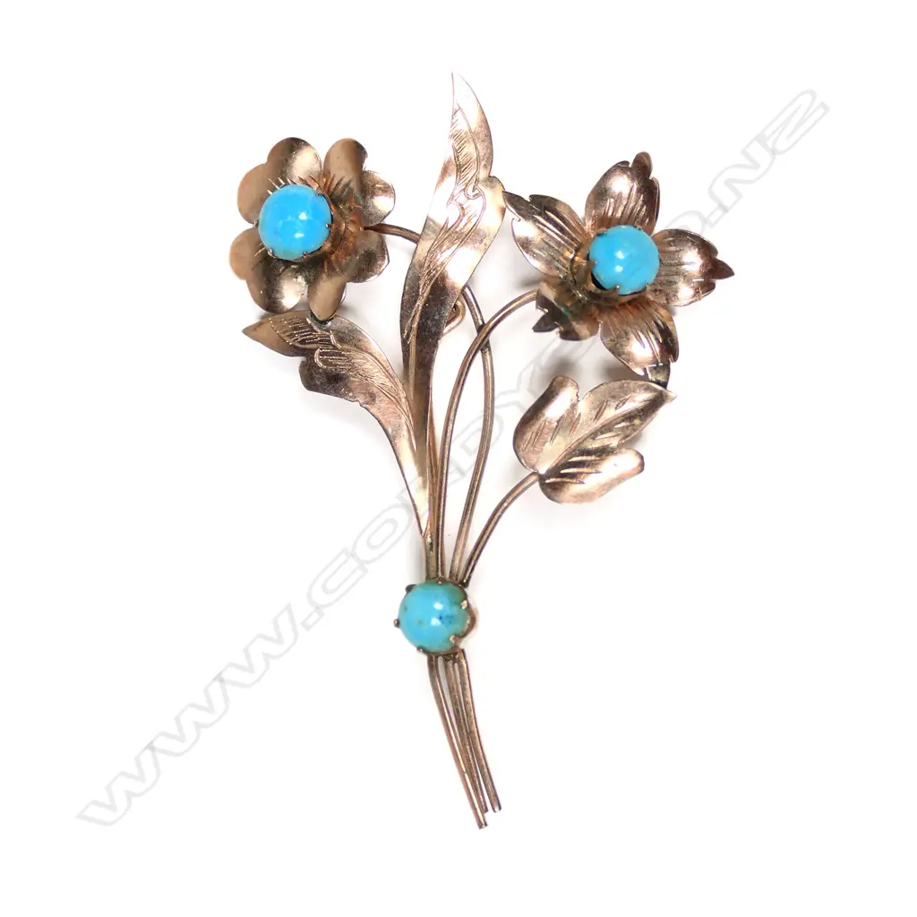 A vintage 9ct rose gold and turquoise floral spray brooch, Image 1++