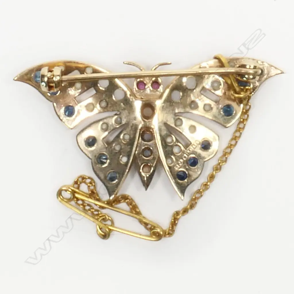 A 9ct yellow gold sapphire, pearl and ruby set butterfly brooch, Image 1++