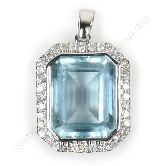 A 14ct white gold, aquamarine and diamond pendant,