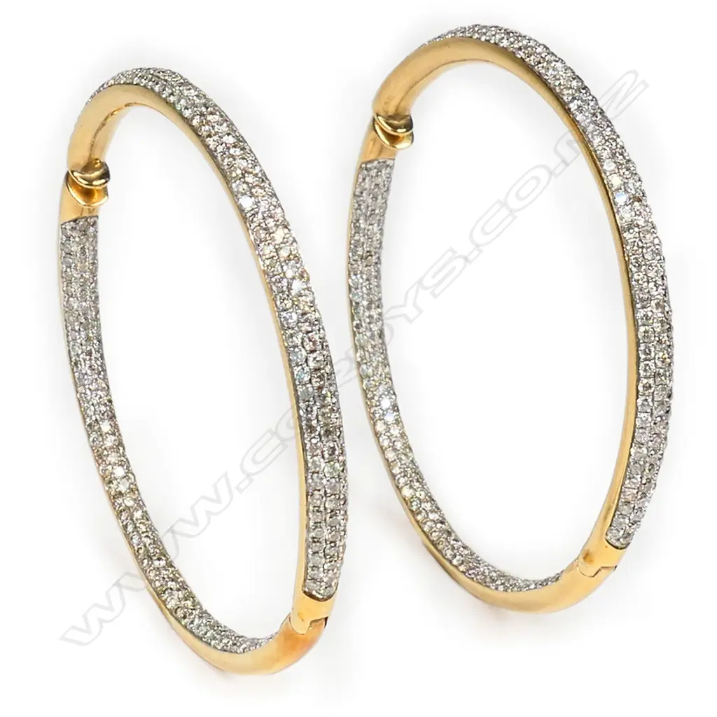 A pair of large 9ct yellow gold and multi diamond hoop earrings, Image 1++