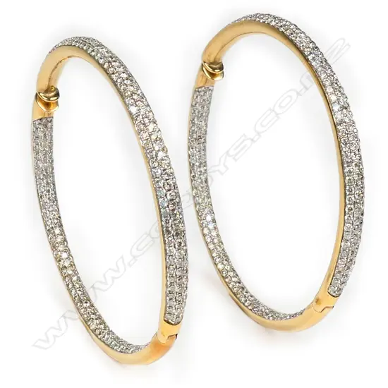 A pair of large 9ct yellow gold and multi diamond hoop earrings,