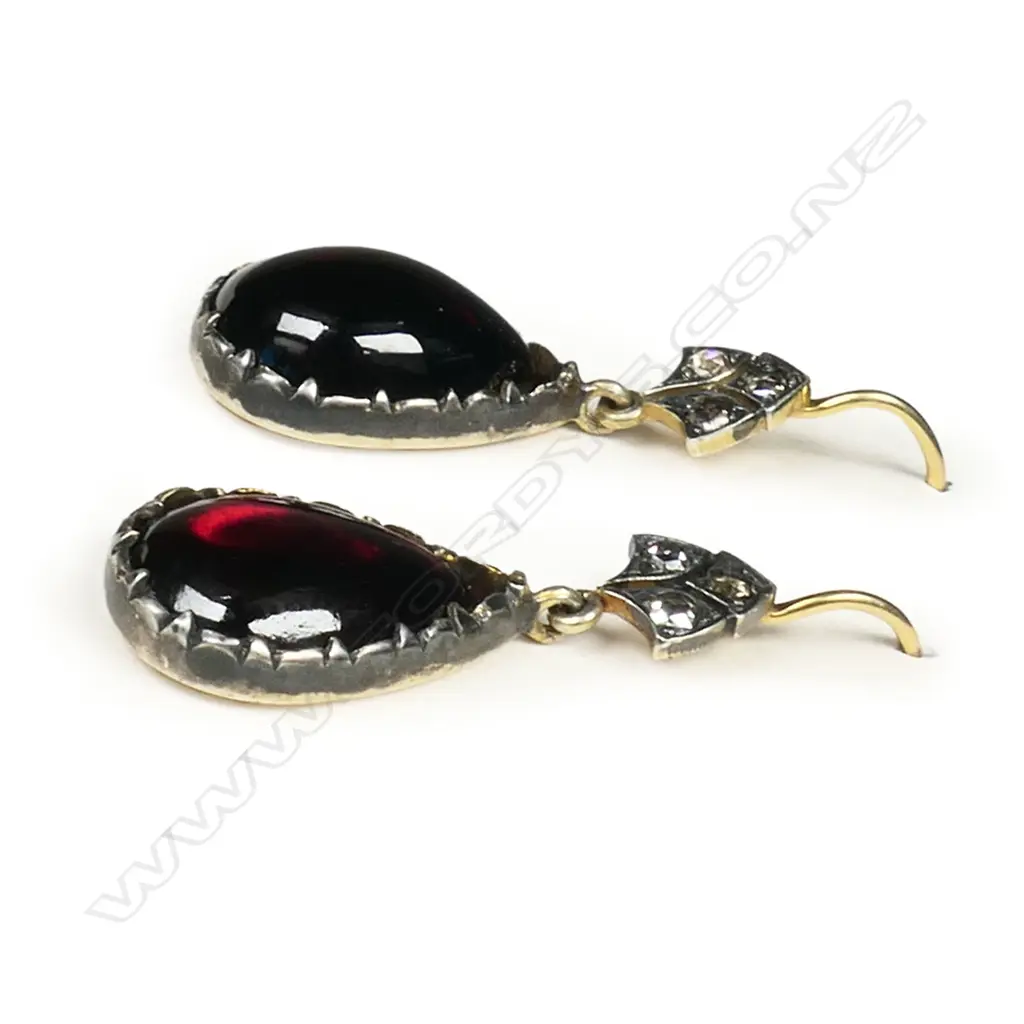 A pair of silver gilt, diamond and garnet drop earrings, Image 1++