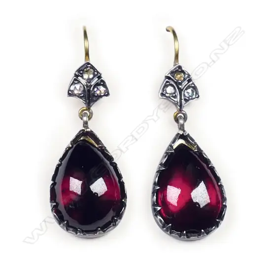 A pair of silver gilt, diamond and garnet drop earrings,
