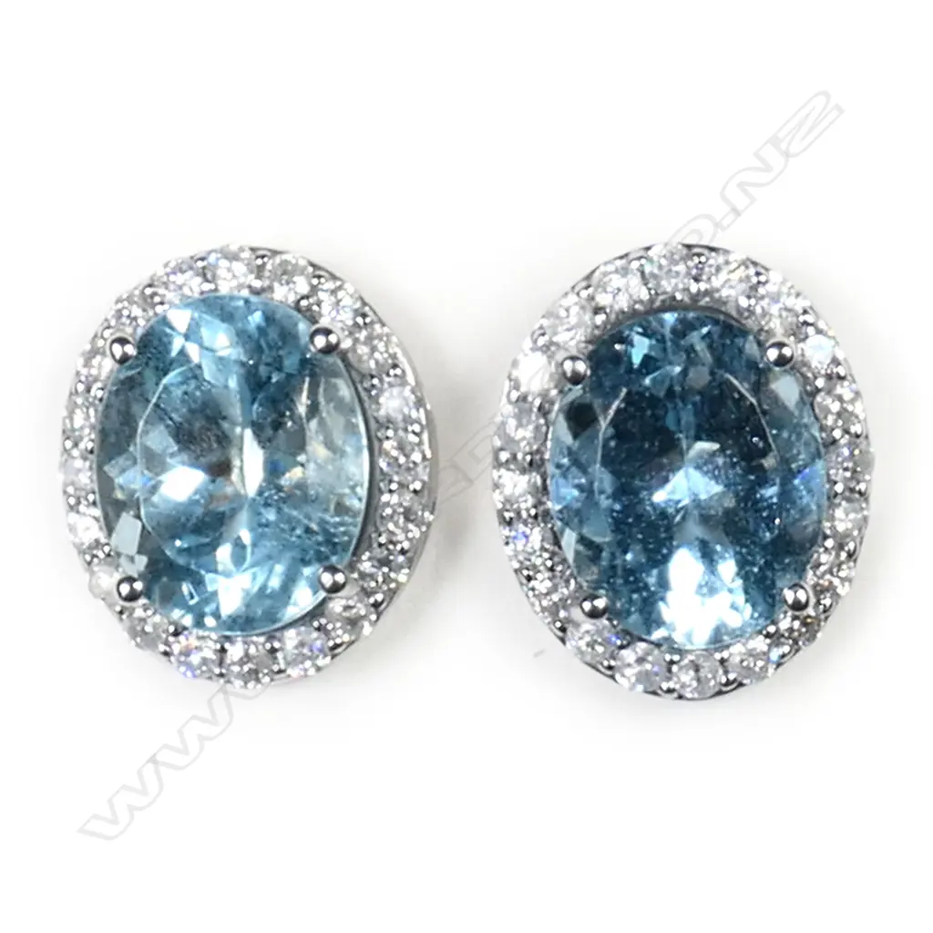 A pair of 14ct white gold, aquamarine and diamond stud earrings, Image 1++